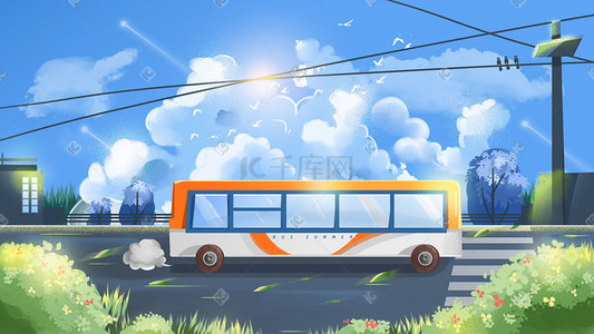大暑夏天旅游蓝天下的大巴车