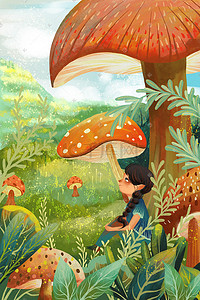 儿童画插画图片_儿童绘本蘑菇风景