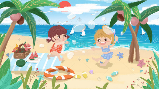 夏日海边沙滩玩耍插画图片_海边沙滩玩耍夏日消暑