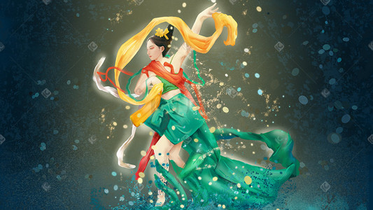 赋插画图片_唐朝洛神水赋美丽的舞者水中起舞手绘插画