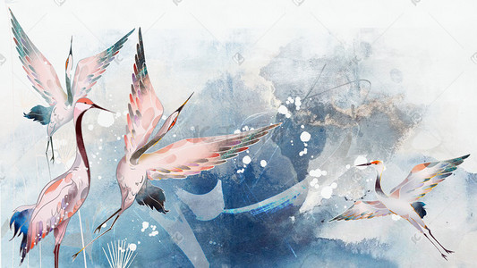 纹理色块插画图片_中国风水彩动物仙鹤纹理