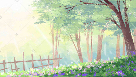 阳光下的树林插画图片_立夏主题之大树下吃冰棒的风景