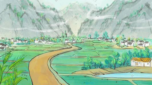 古风乡村插画-古风乡村配图-千库网