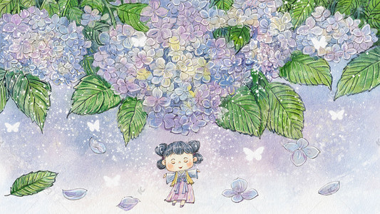 水彩植物绣球花唯美治愈系场景夏季花丛女孩插画紫色绣球花风景手绘