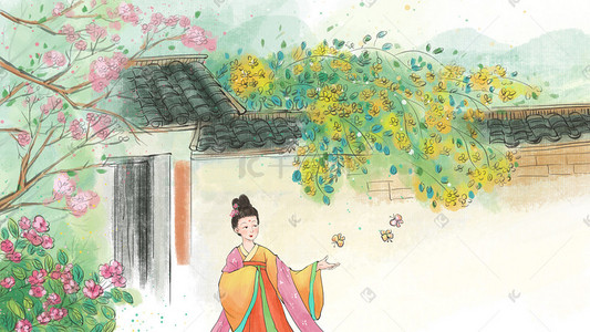 唐朝小仕女插画图片_唐朝仕女小清新古风水墨花朵植物手绘景色