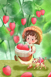 水彩场景女孩与猫摘草莓可爱治愈插画