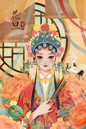 国潮中国风京剧戏曲花旦古风鲜花仙鹤插画