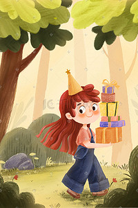 羊肉礼盒插画图片_森林的惊喜彩色礼盒红头发女孩暖色调