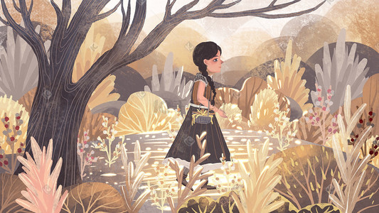 一束花篮插画图片_森林里拿着花篮的小女孩儿