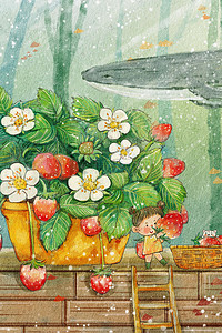 草莓夏天插画图片_水彩夏季夏天水果草莓场景