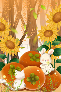 小兔子兔子插画图片_秋天立秋树林向日葵花丛柿子小猫与小兔子