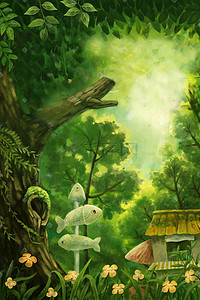 森林游戏插画图片_厚涂手绘森林夏景风景夏至
