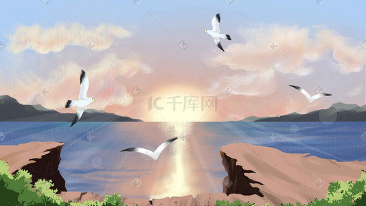 海鸥插画图片_夏天夏季日出日落海鸥