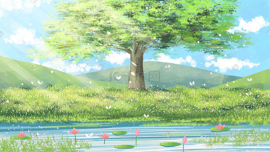 绿色安静插画图片_夏日河边的风景手绘