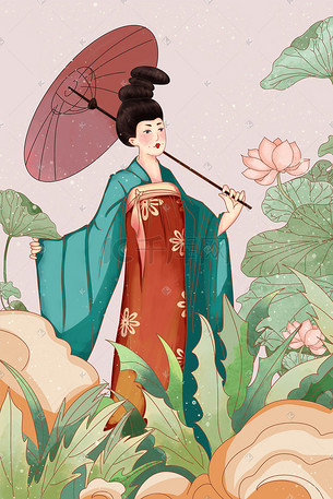 蓝绿色中国风唐朝仕女撑伞图