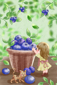 水彩场景女孩与猫收蓝莓可爱治愈插画