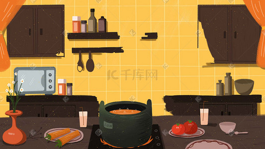 生火做饭插画图片_厨房餐厅做饭萝卜玉米