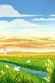 稻田里的风景手绘插图