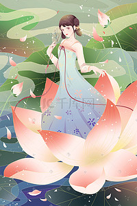 扇子静态插画图片_炎热三伏天莲花池汉服仙女拿扇子清凉消暑