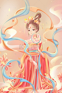 花朵红色插画图片_唐朝少女红色唯美卡通人物插画