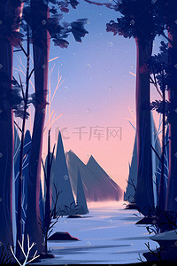 紫手绘插画图片_紫橘色紫色系暖色调傍晚夕阳森林