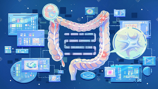 人体器官医学插画图片_大肠人体器官蓝色卡通扁平插画科普