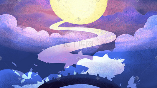 小美梦插画图片_唯美梦幻紫色天空月亮云朵鹊桥治愈景色