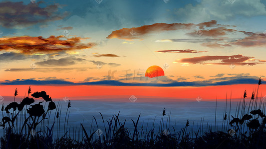 炫彩日出手绘唯美夕阳风景