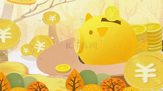 金融投资暖色系金猪钱币平面插画