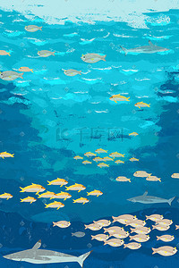 鱼纹水纹插画图片_蓝色小清新海底鱼群唯美治愈海洋景色