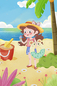 沙滩玩水插画图片_夏天 夏日 夏季 游泳、玩水、烧烤、沙滩