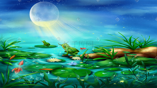 绿色鱼插画图片_夏日夏天池塘里面的荷花旁边的青蛙和鱼