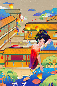 盛唐彩雕插画图片_盛唐唐朝建筑湖水唐朝美女