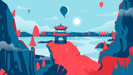 中国风矢量插画图片_科技智慧旅游矢量扁平旅游风景中国风横幅配