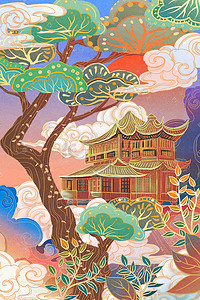 国潮风花插画图片_老建筑国潮风背景