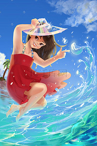 夏日红裙女孩海洋戏水