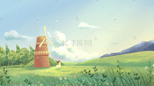 缤纷夏日欢乐购插画图片_夏日草原阳光从天空射下