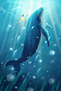 唯美梦幻治愈系鲸鱼与女孩海底插画