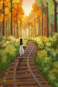 散步的大象插画图片_秋日林中铁道散步