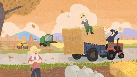 拖拉机的人插画图片_手绘秋季农民秋收场景插画