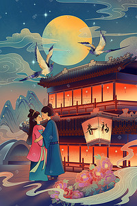 中国风唯美场景插画图片_七夕七夕节牛郎织女七夕唯美场景