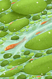 池塘荷叶鱼插画图片_绿色小清新池塘荷叶金鱼手绘夏天景色