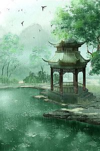 夏日下雨天凉亭中国风场景插画