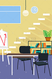 室内会议插画图片_扁平商务办公室内办公桌科技盆栽会议