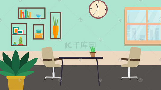 室内场景插画图片_扁平商务室内办公室植物盆栽椅子墙饰场景