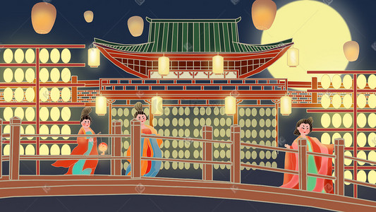 盛世长安上元节大唐盛世华美场景气氛插画中国风竹子元素边框背景唐朝