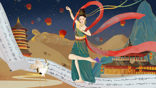 舞蹈演员卡通插画图片_大唐盛世中国风洛神舞蹈夜景插画