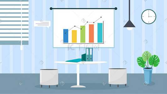 会议室提示插画图片_蓝色扁平商务办公信息数据会议商业场景