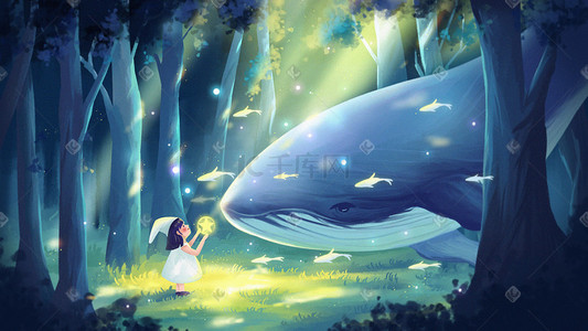 唯美治愈梦幻森林树林鲸鱼与女孩童话故事