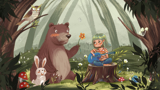 童话小插画图片_蜡笔风格 小女孩与熊